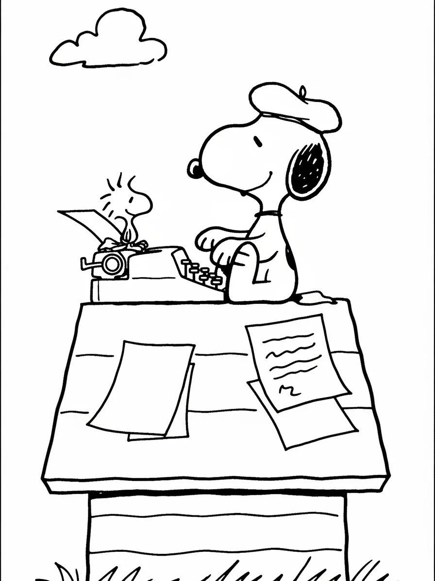Desenho de Snoopy a Escrever na Máquina de Escrever para Colorir