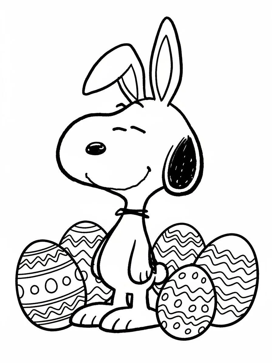Desenho de Snoopy como Coelho com Ovos de Páscoa para Colorir