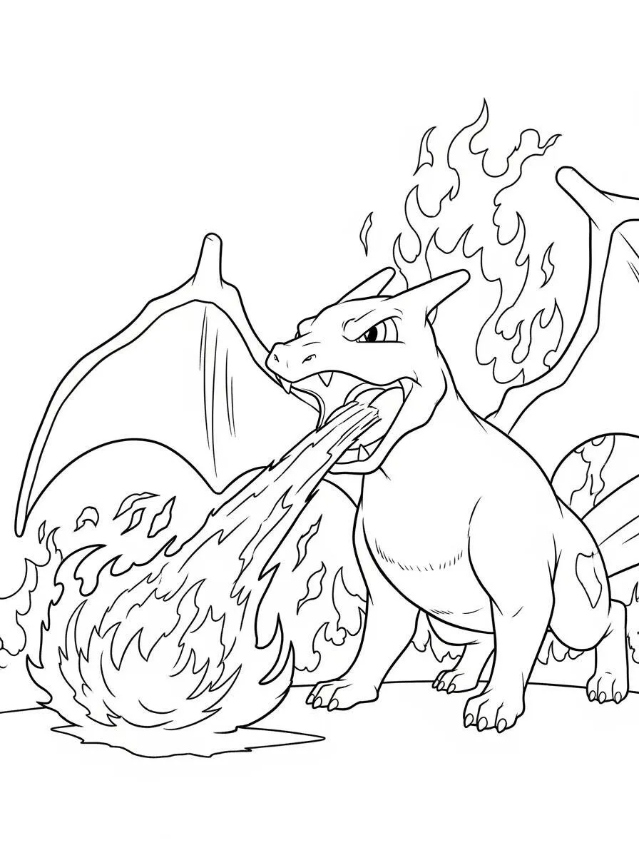 Desenho de Charizard a Cuspir Fogo para Colorir