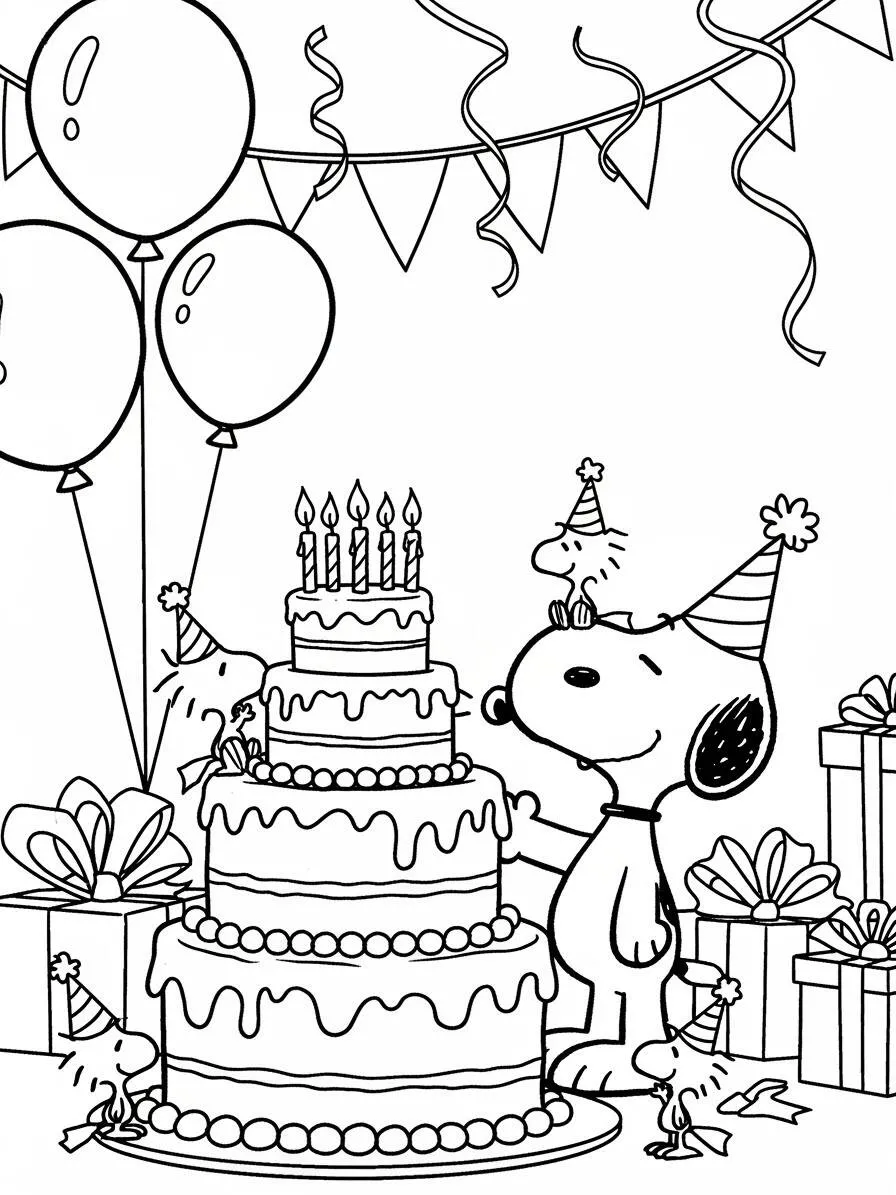 Desenho de Snoopy Celebrando Aniversário com Bolo para Colorir