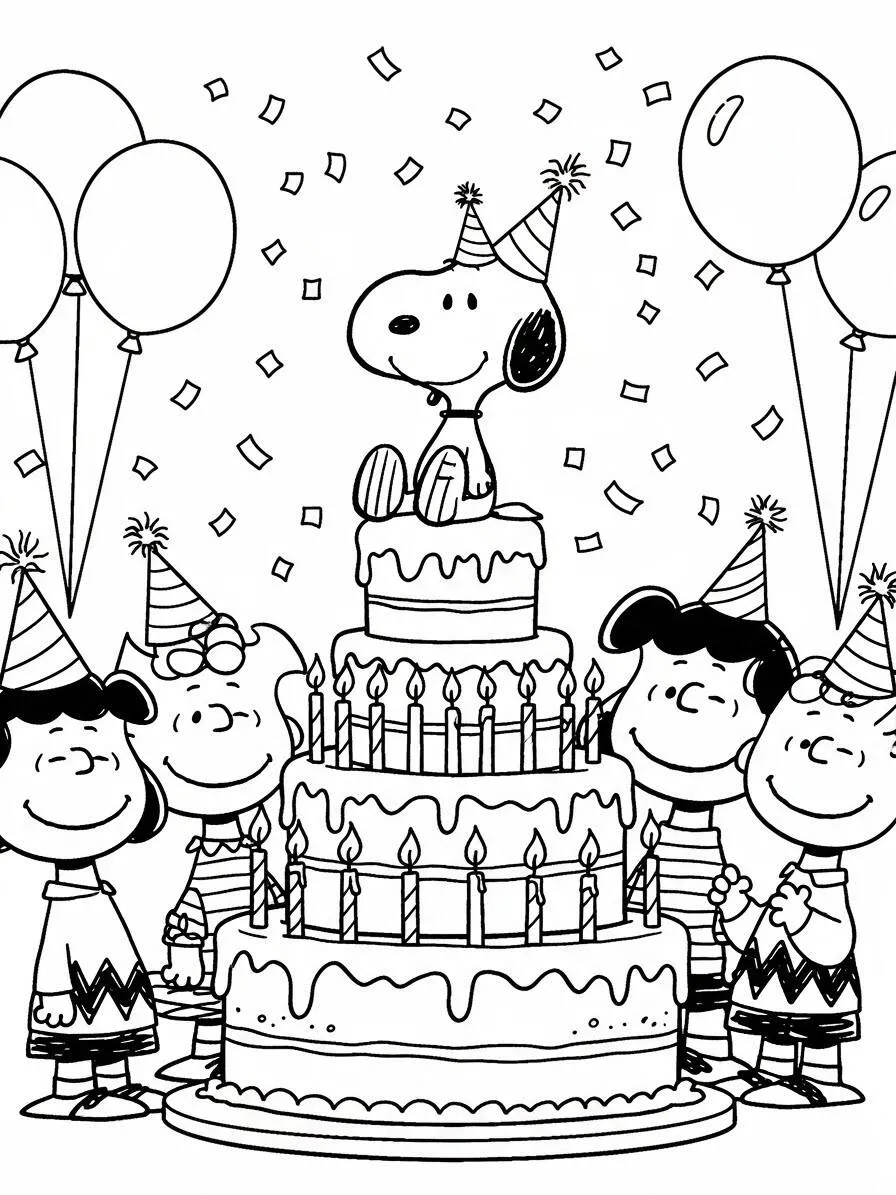 Desenho de Snoopy em Festa de Aniversário com Amigos para Colorir