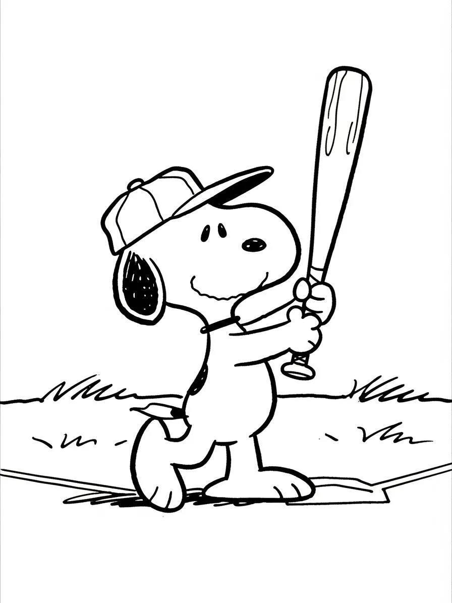Desenho de Snoopy Jogando Beisebol para Colorir