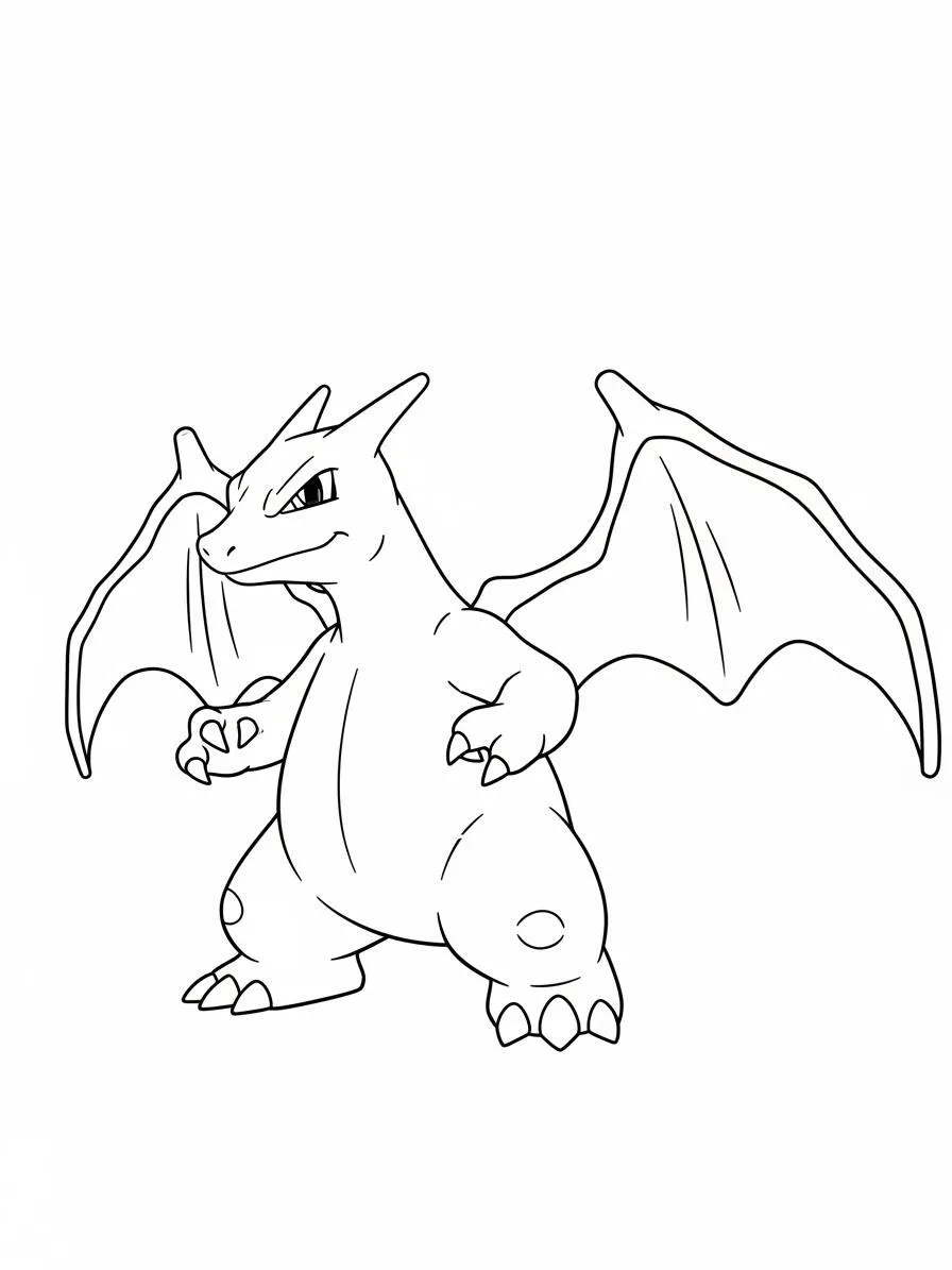 Desenho de Charizard Pronto para Colorir com Asas Abertas