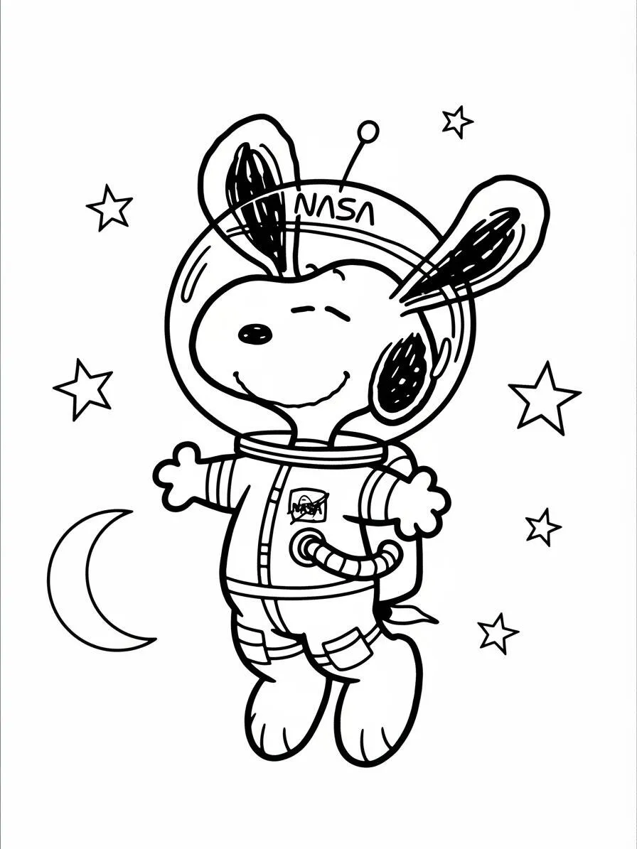 Desenho de Snoopy Astronauta Flutuando no Espaço para Colorir
