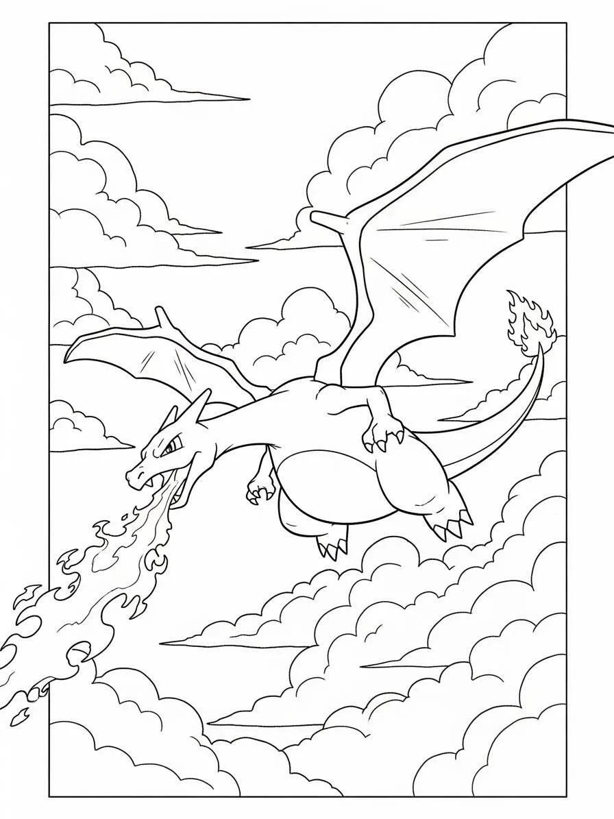 Desenho de Charizard a Cuspir Fogo nas Nuvens para Colorir