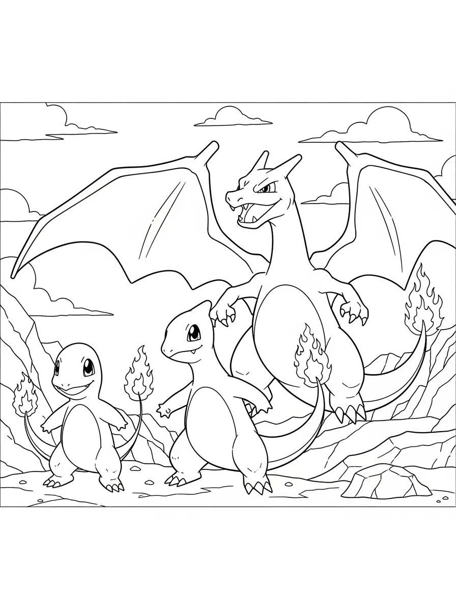 Desenho de Charizard com Charmander e Charmeleon para Colorir