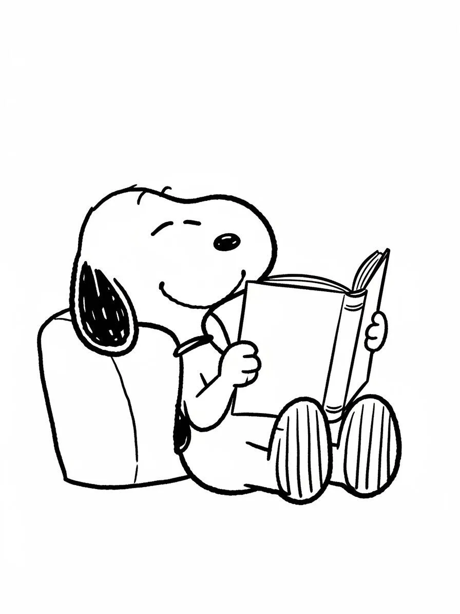 Desenho de Snoopy Lendo um Livro para Colorir