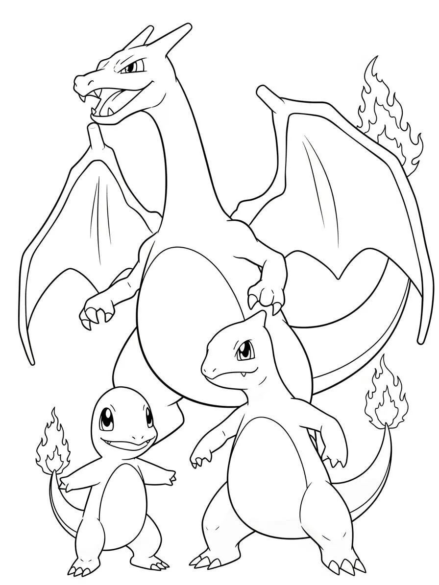 Desenho de Charizard com Charmander e Charmeleon para Colorir