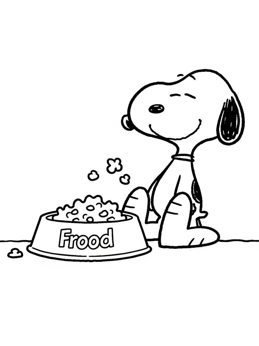 Desenho de Snoopy a Comer da Tigela Frood para Colorir