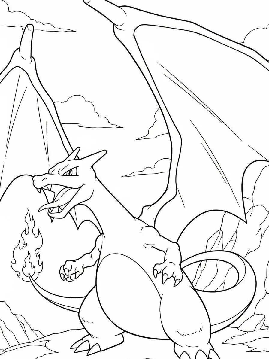 Desenho de Charizard em uma Montanha para Colorir