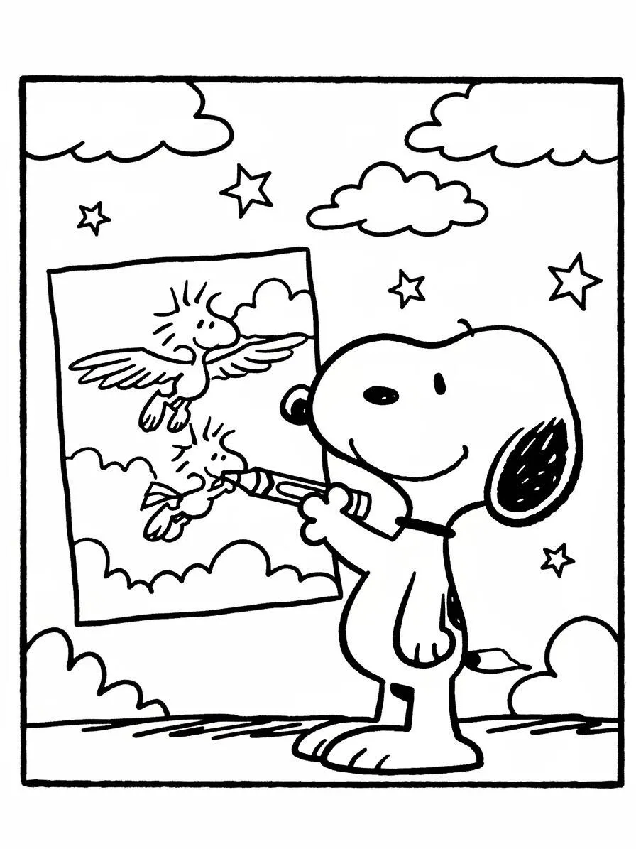 Desenho de Snoopy Pintando um Quadro com Passarinhos para Colorir