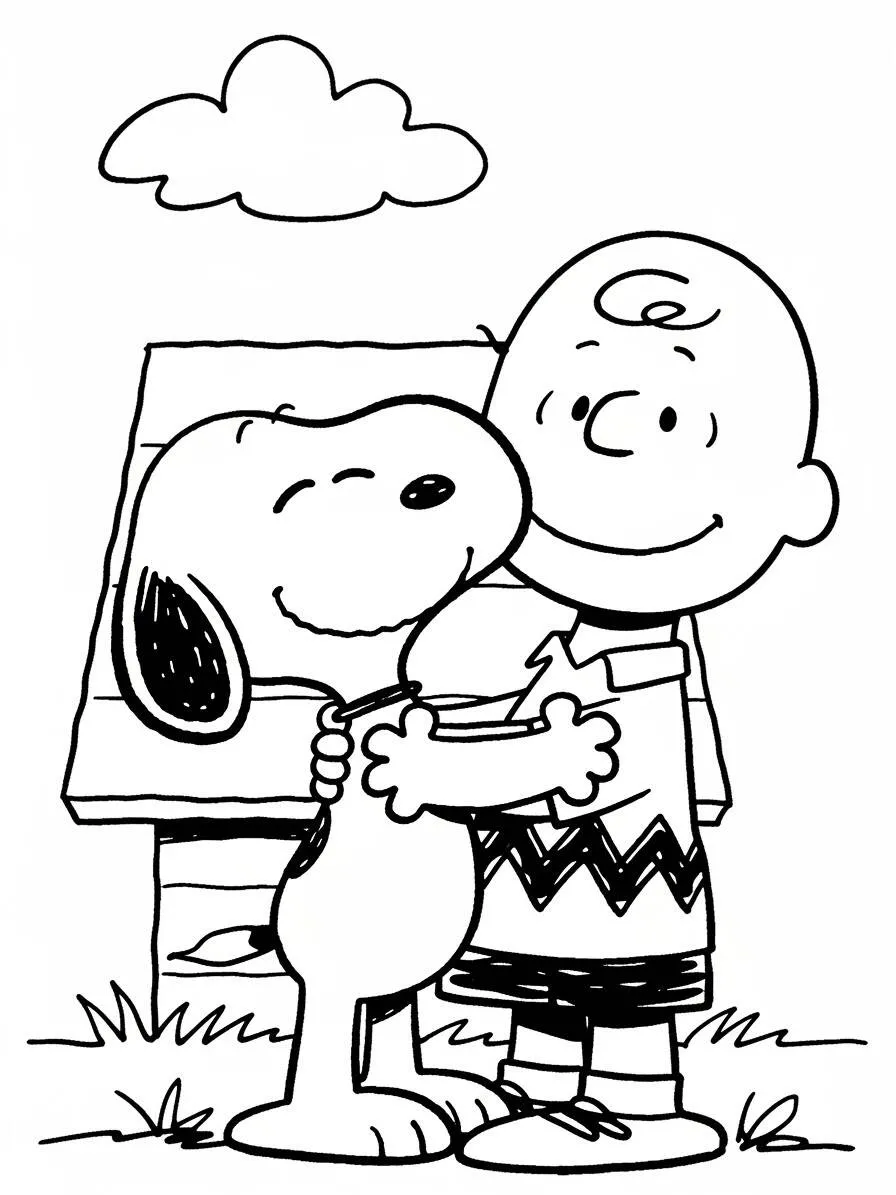 Desenho de Snoopy e Charlie Brown se Abraçando para Colorir