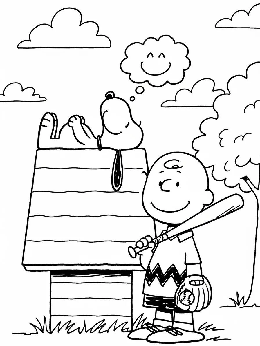 Desenho de Snoopy e Charlie Brown com Bastão para Colorir