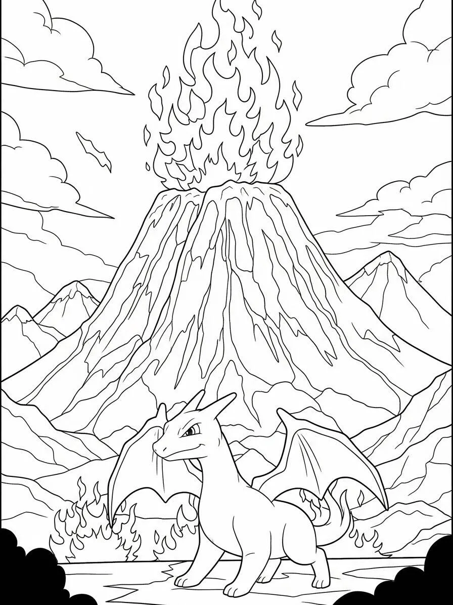 Desenho de Charizard em Frente a um Vulcão para Colorir