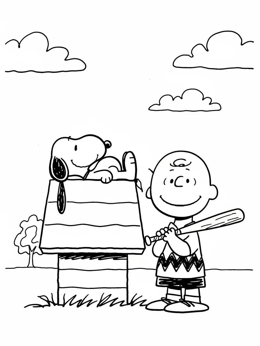 Desenho de Snoopy e Charlie Brown com Bastão para Colorir