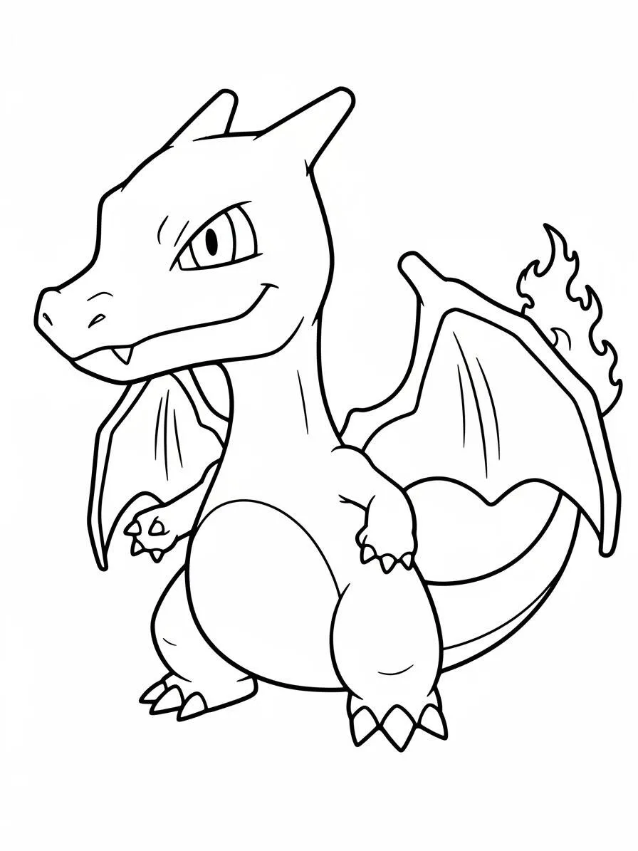 Desenho de Charizard Pronto para Colorir com Sorriso Confiante