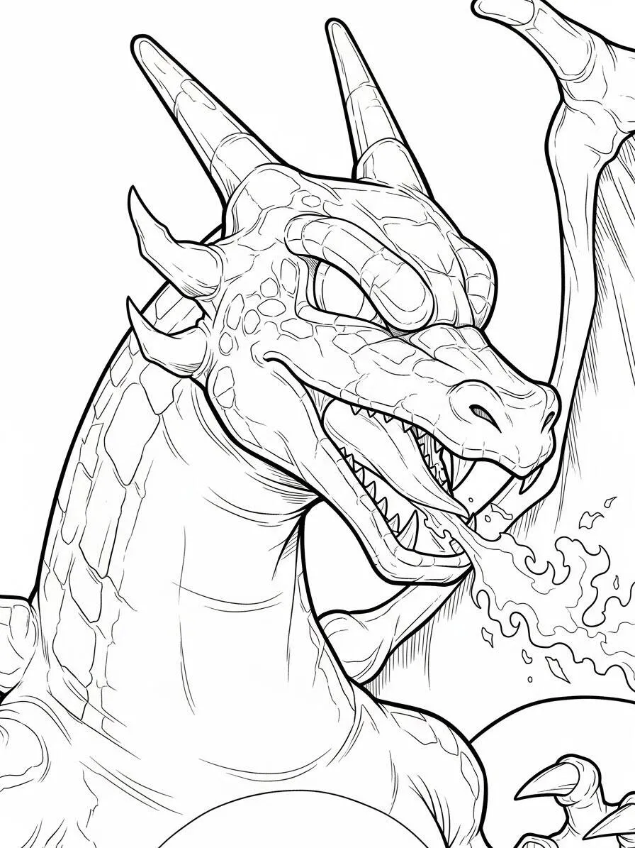 Coloriage de Dracaufeu qui respire du feu