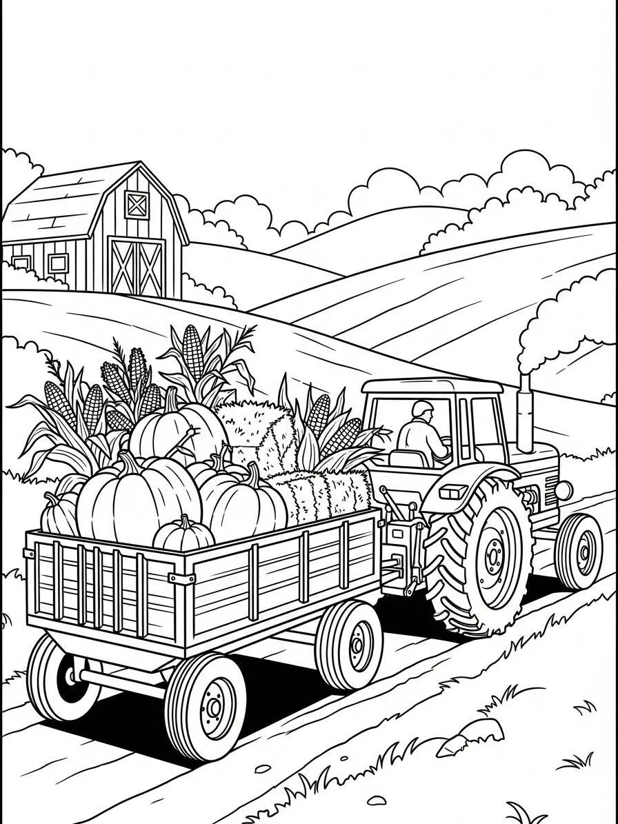 Desenho de Trator Carregando Abóboras para Colorir