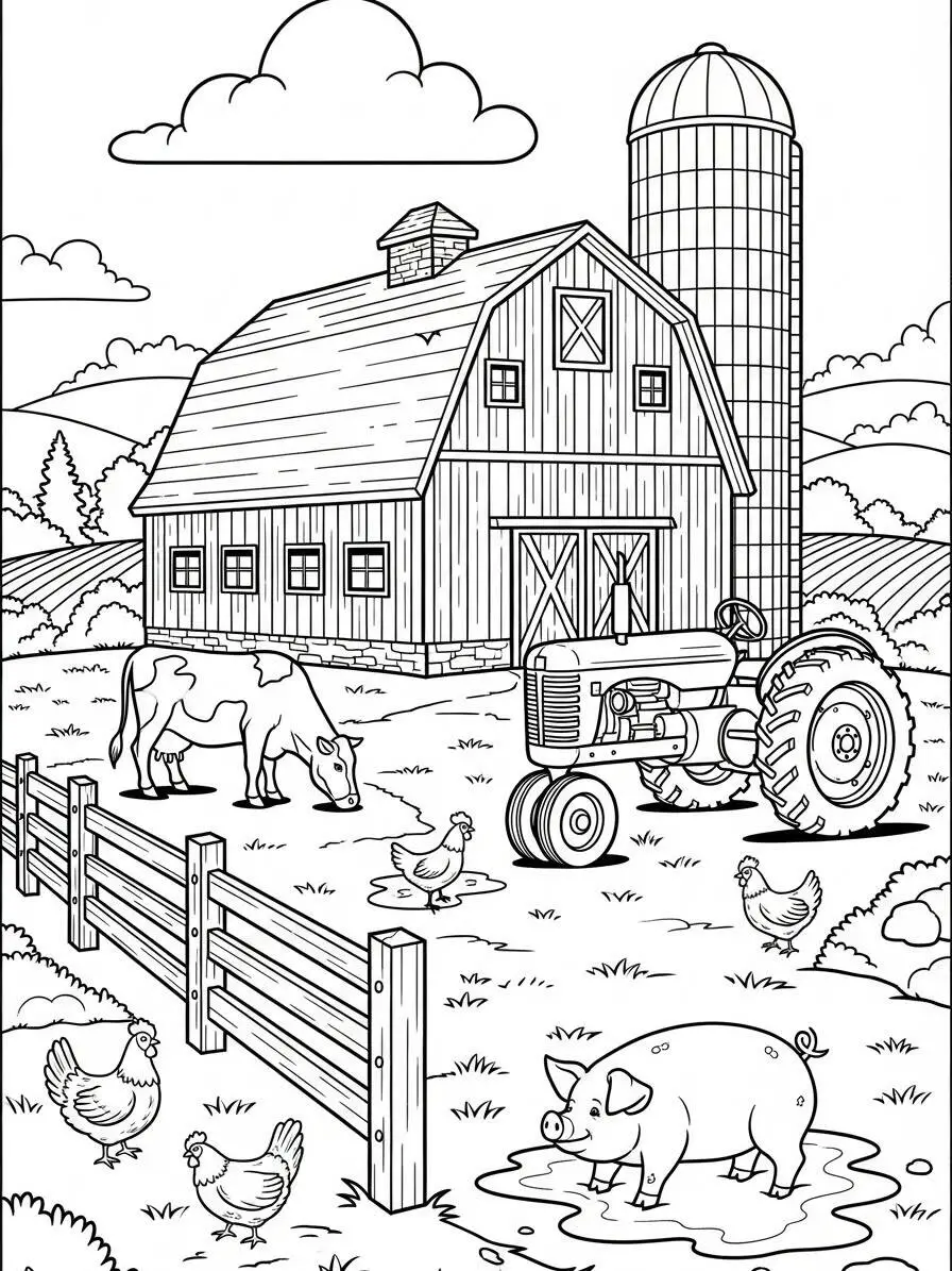 Desenho de Trator na Fazenda para Colorir