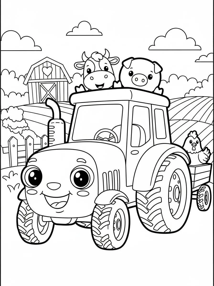 Desenho de Trator Kawaii com Animais para Colorir