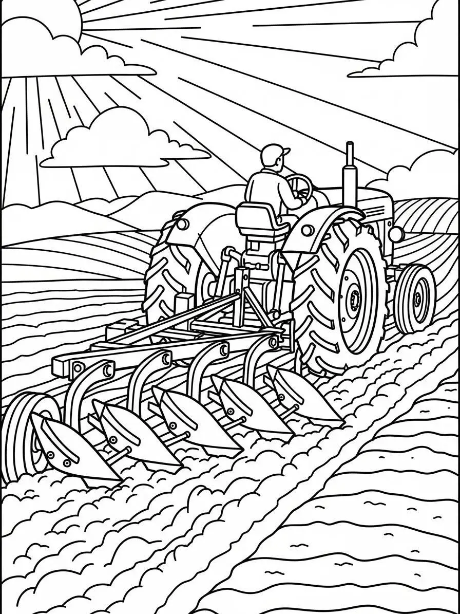 Desenho de Trator Arando o Campo para Colorir