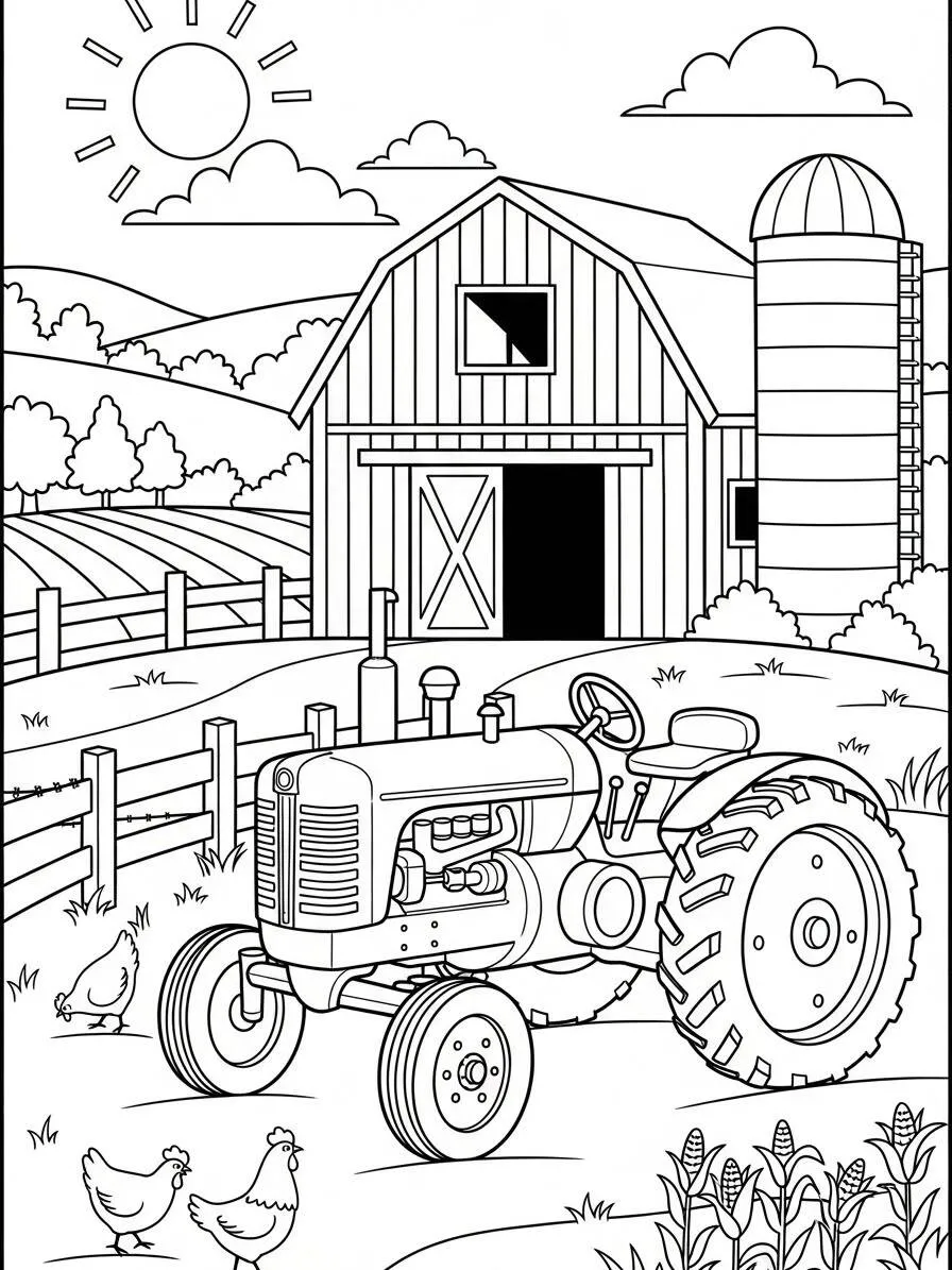 Desenho de Trator na Fazenda para Colorir