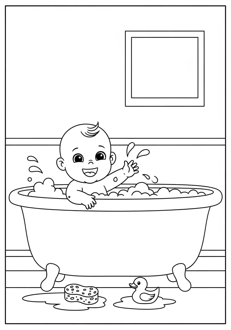 Desenho de Bebê tomando banho para colorir