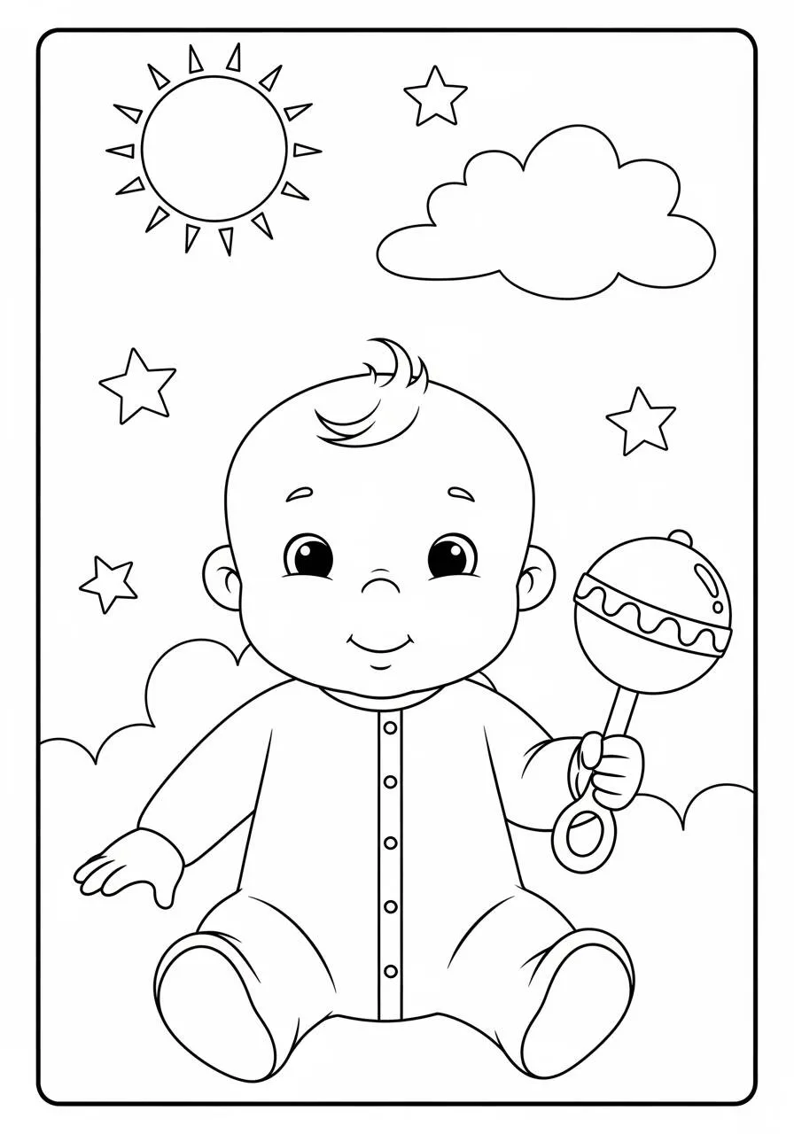 Desenho de Bebê Fofo com Chocalho para Colorir