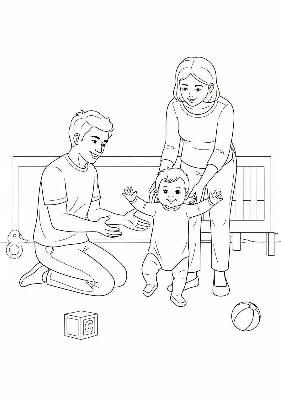 Desenho de Bebê com os Pais para Colorir