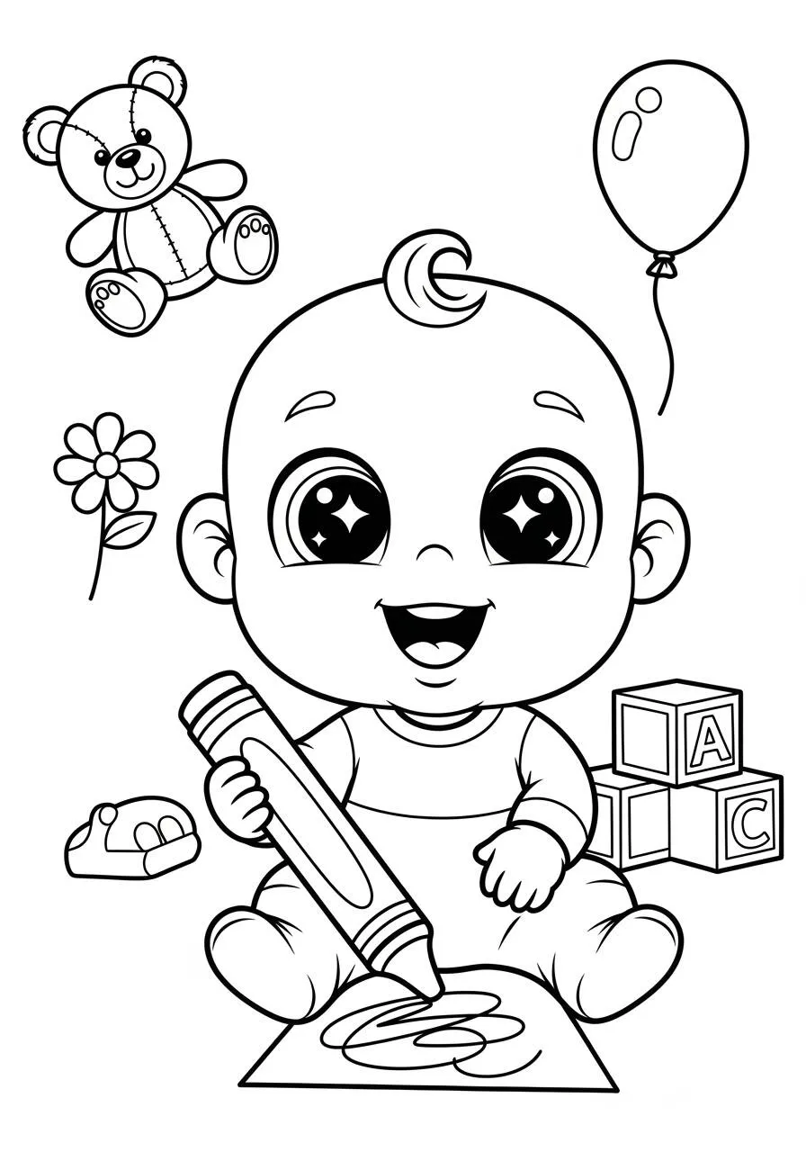 Desenho de Bebê Fofo Colorindo com Brinquedos para Colorir