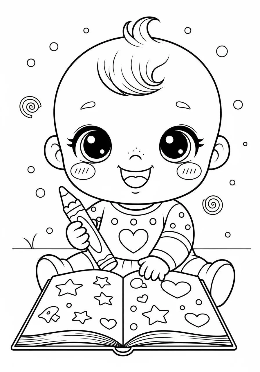 Desenho de Bebê Fofo com Livro para Colorir