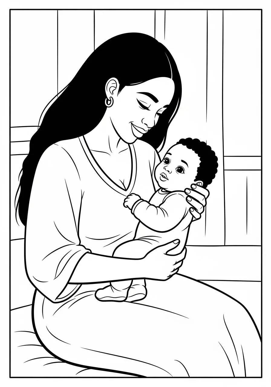 Desenho de Bebê com a Mãe para Colorir