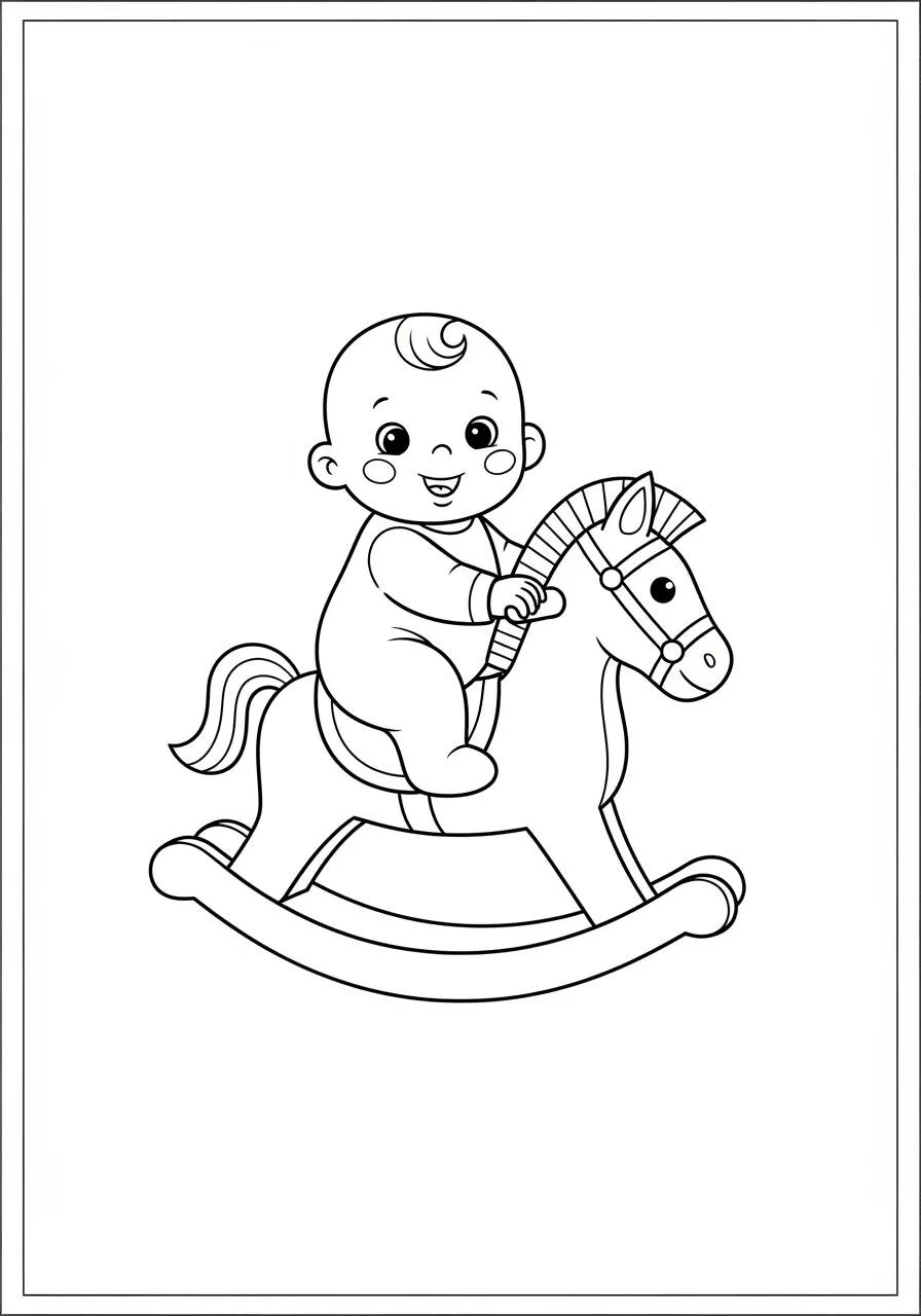 Desenho de Bebê Brincando no Cavalo de Balanco para Colorir