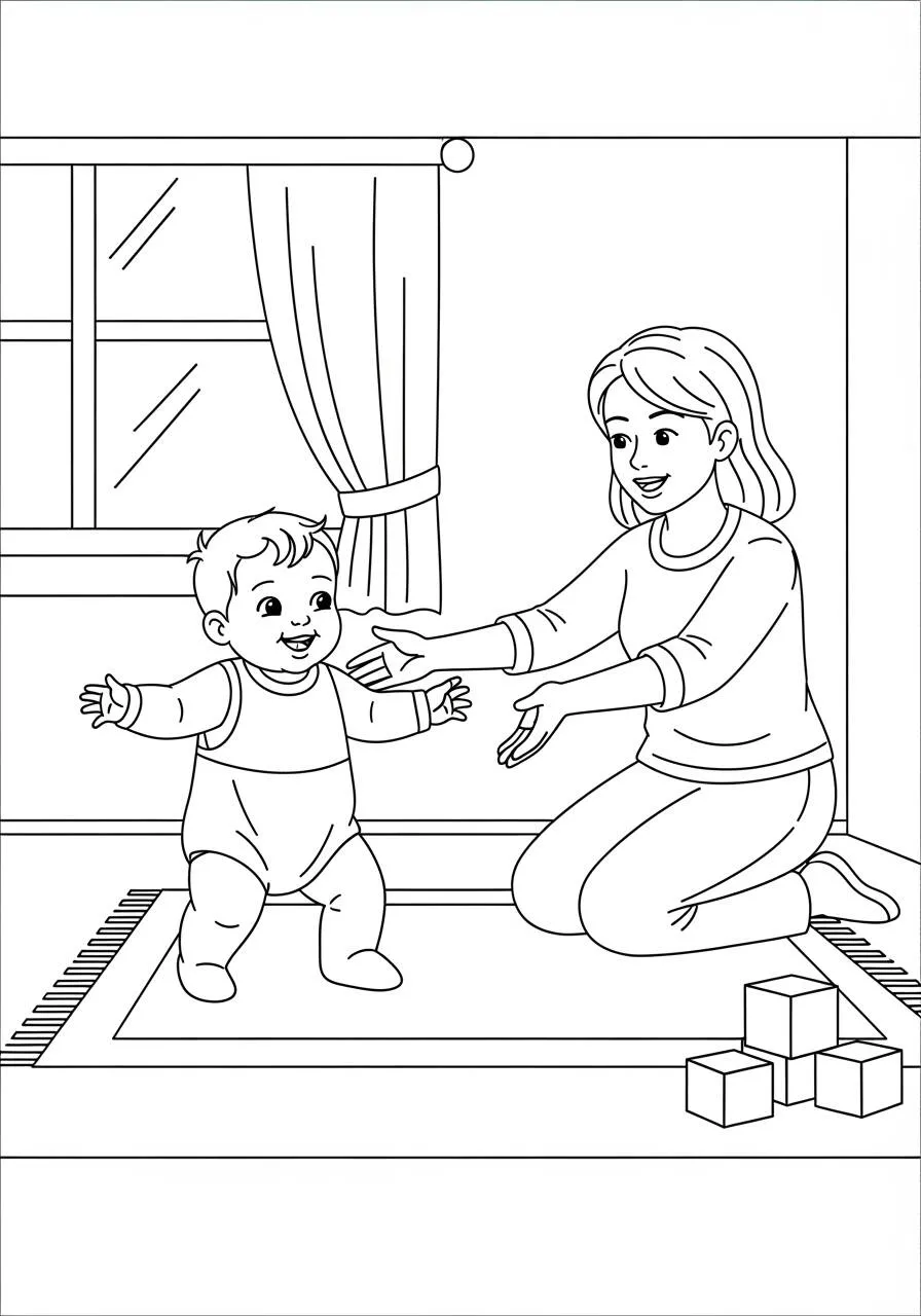 Página para colorear de bebé jugando con mamá