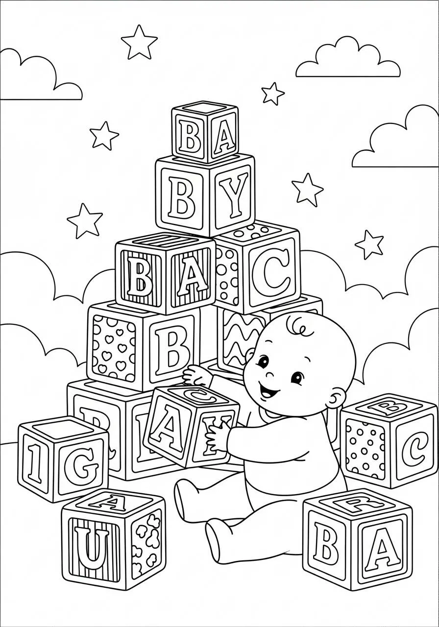 Desenho de Bebê Brincando com Blocos para Colorir