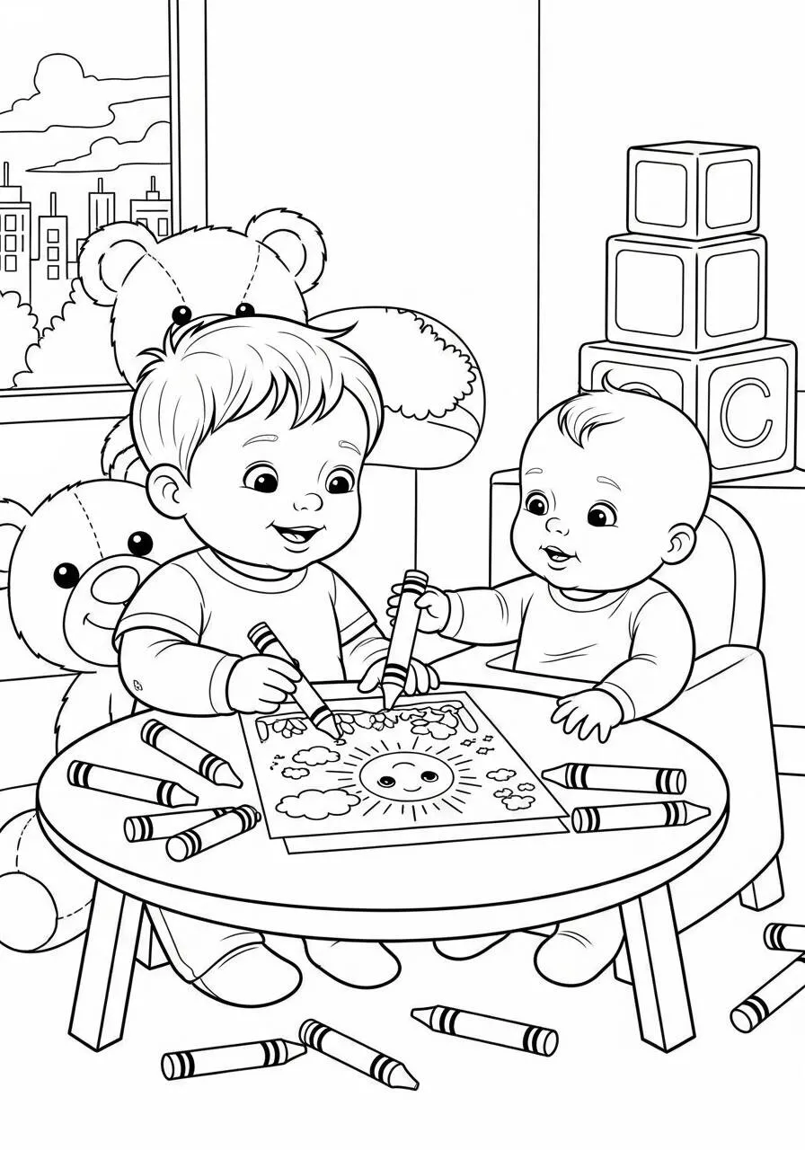Dibujo para colorear de bebé con un amigo