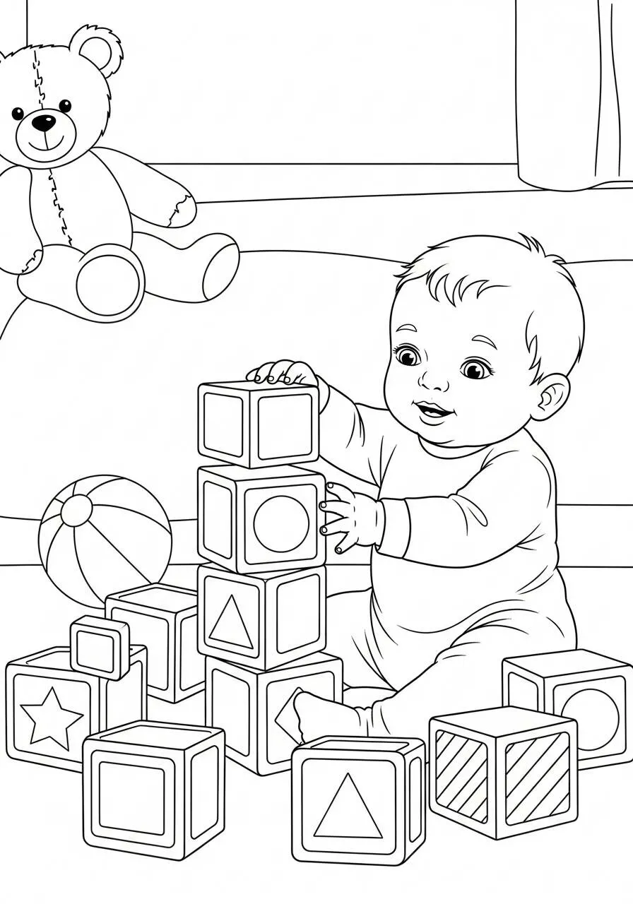 Desenho de Bebê Brincando com Blocos para Colorir