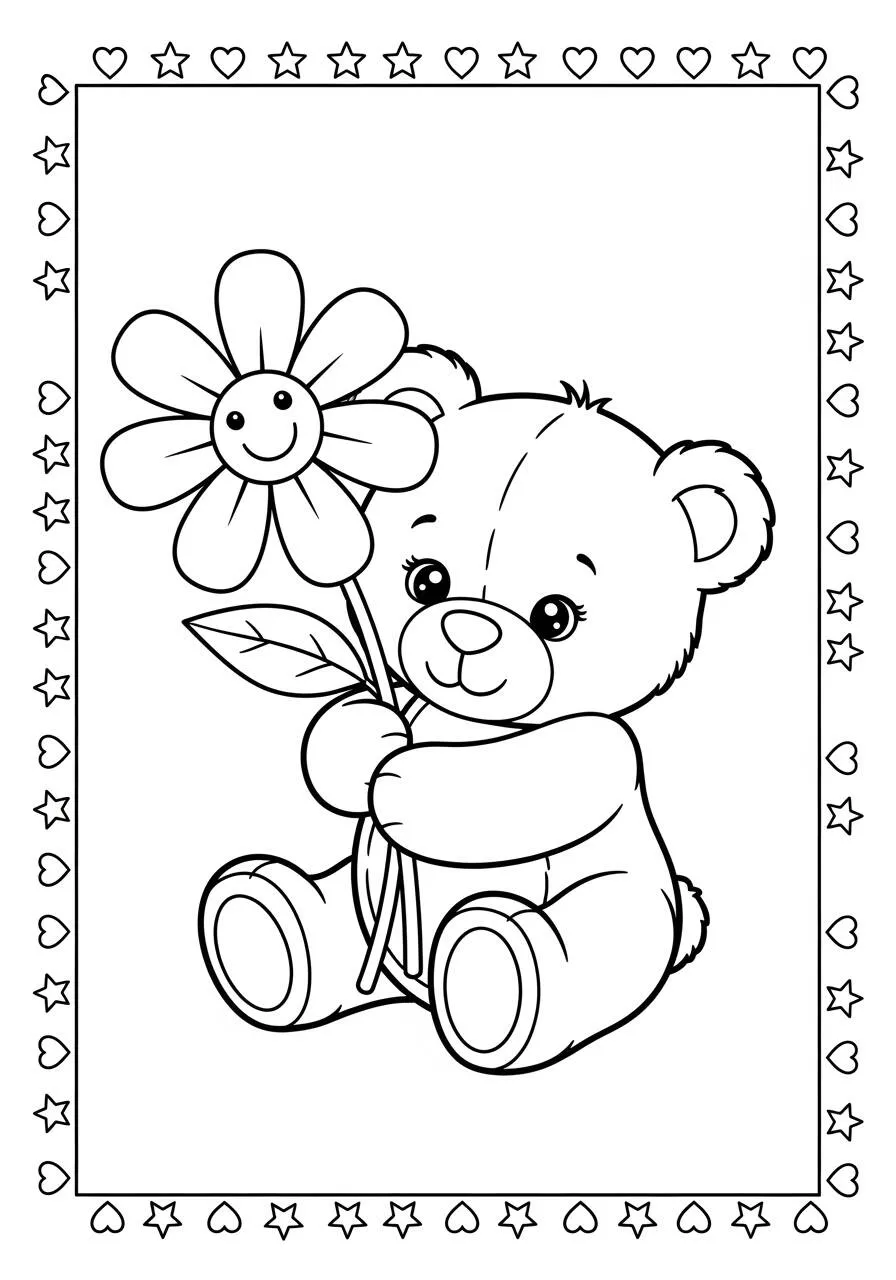 Desenho de Urso Bebê com Flor para Colorir