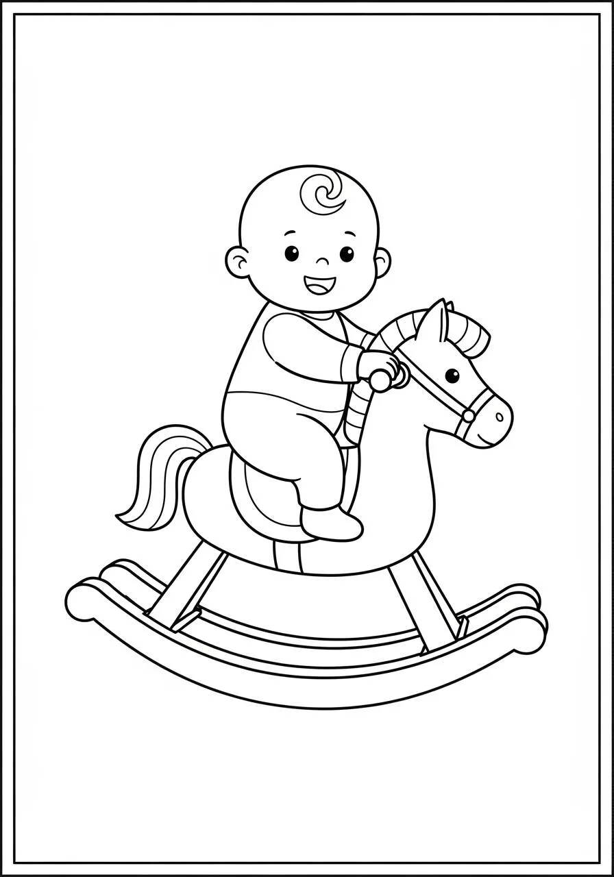Desenho de Bebê Brincando no Cavalo de Balanco para Colorir