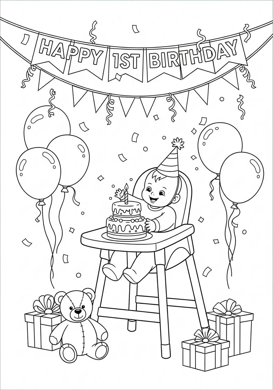 Desenho de Bebê Celebrando o Primeiro Aniversário para Colorir