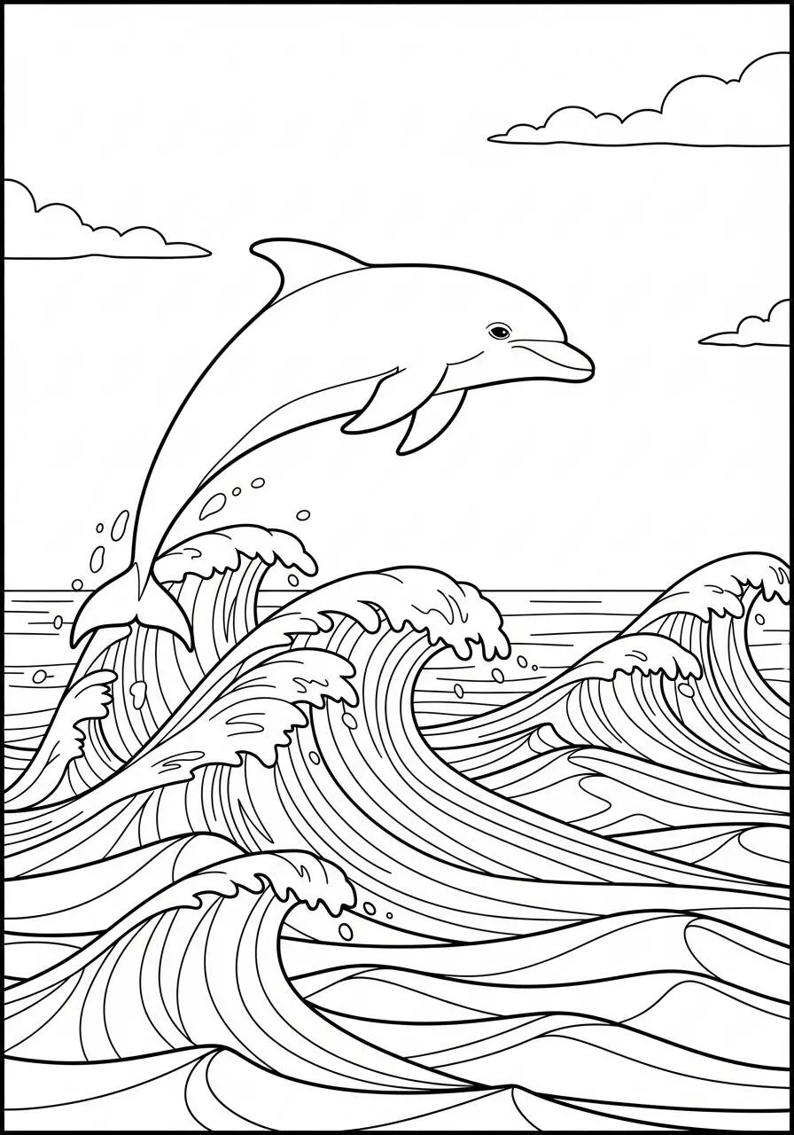 Desenho de Golfinho saltando sobre as ondas para colorir
