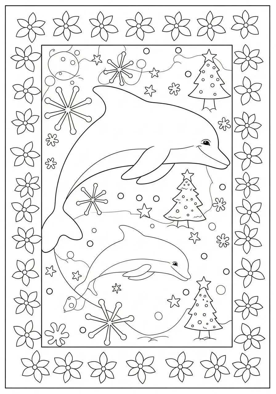 Malvorlage „Weihnachtlicher Delfin“.