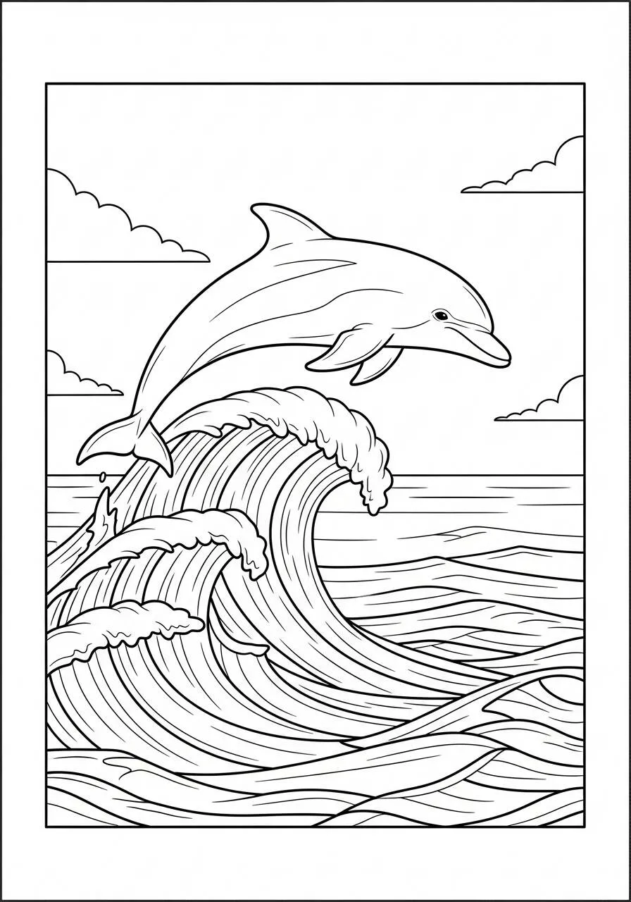 Desenho de Golfinho saltando sobre ondas para colorir