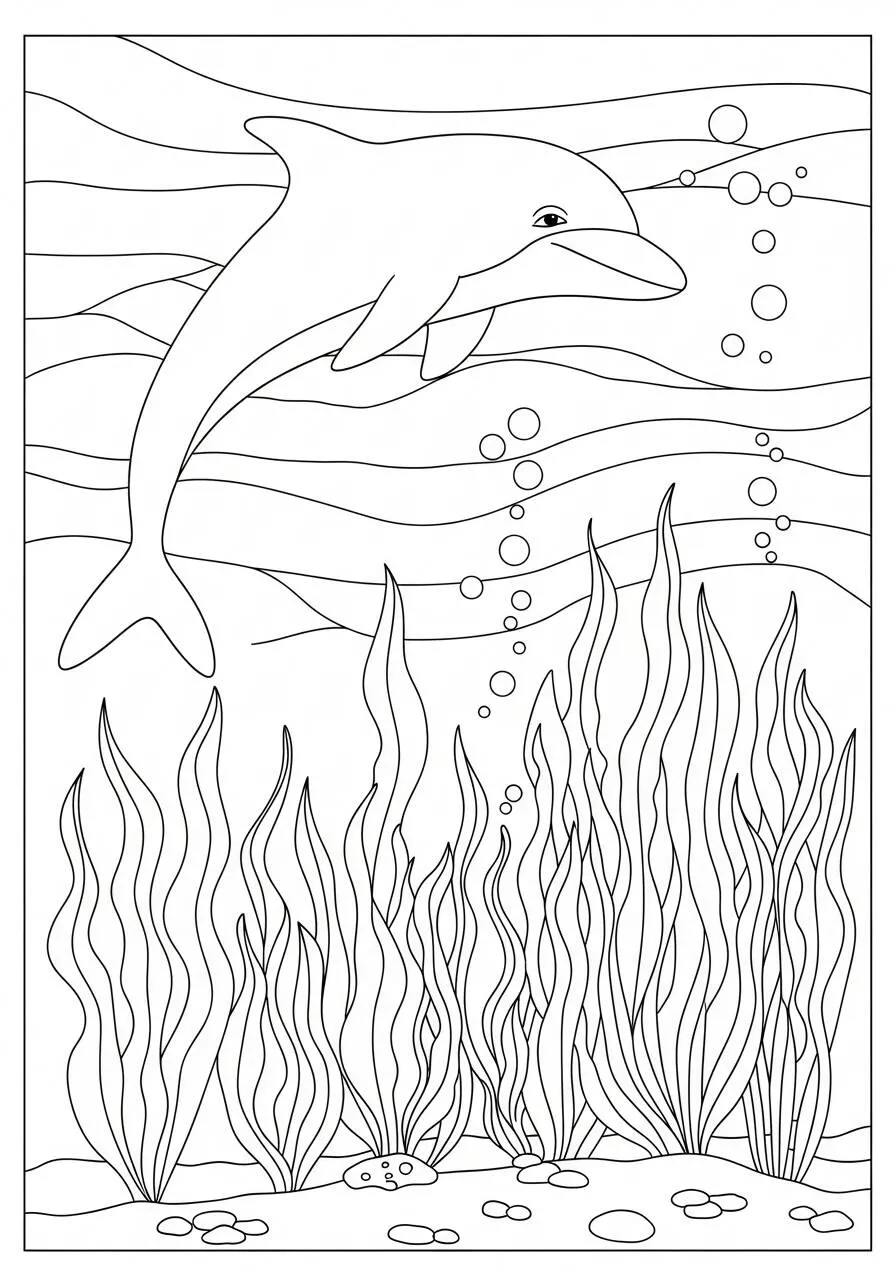 Desenho de Golfinho nadando entre algas para Colorir