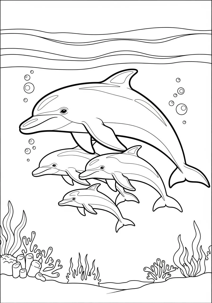 Dibujo para colorear de delfines jugando en el mar