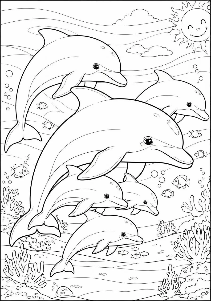 Desenho de Golfinhos Brincando no Mar para Colorir