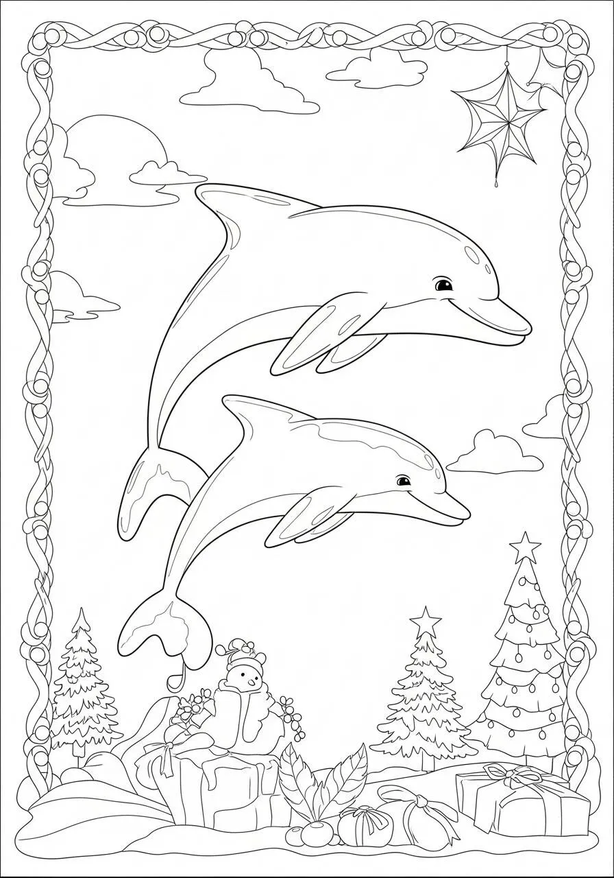 Desenho de Golfinhos Natalinos para Colorir