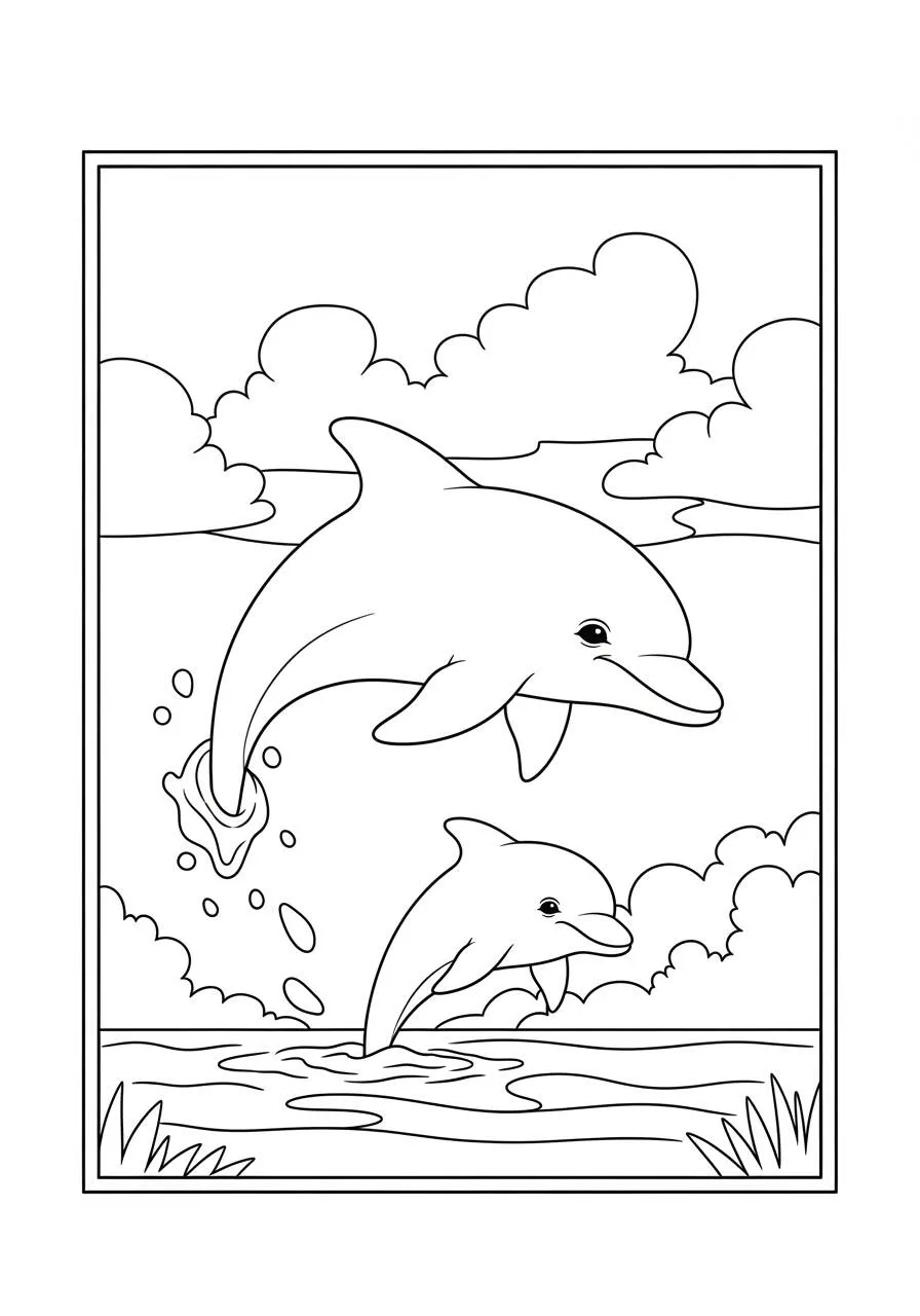 Desenho de Golfinhos Brincando no Mar para Colorir