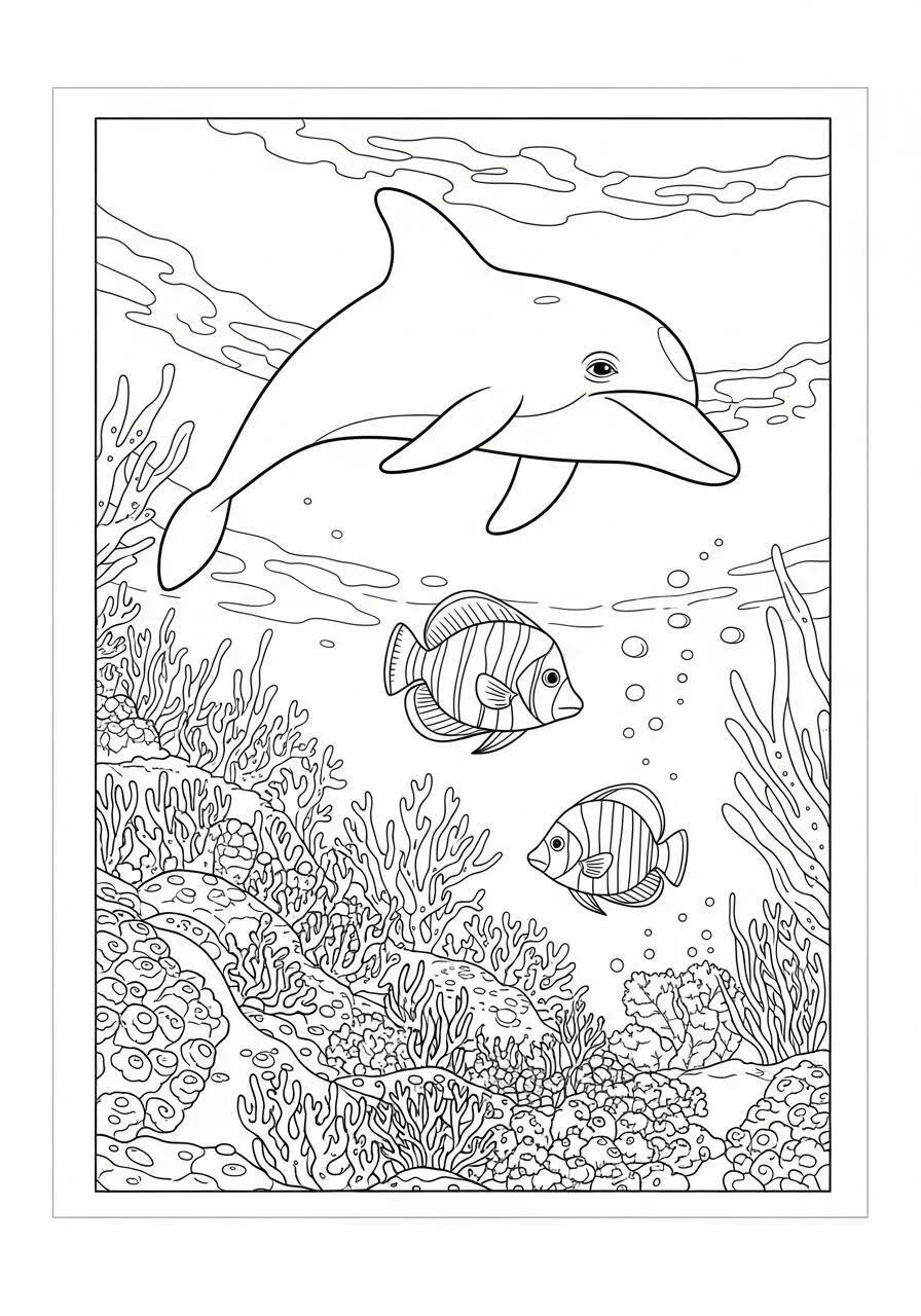 Desenho de Golfinho nadando entre peixes para colorir