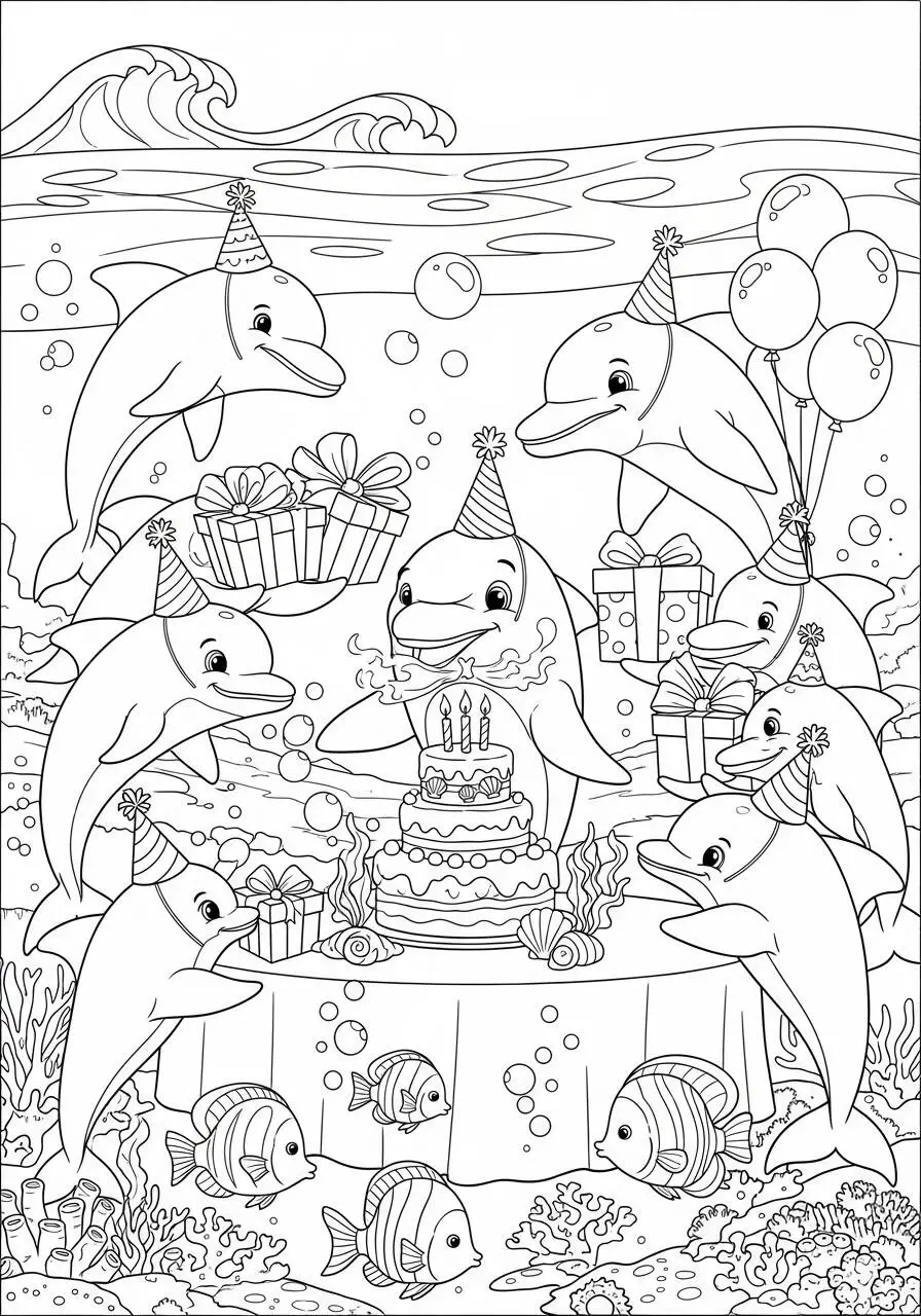 Desenho de Golfinhos Celebrando Aniversário para Colorir